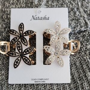 Natasha Couture Black and Gold Floral Hair Clips